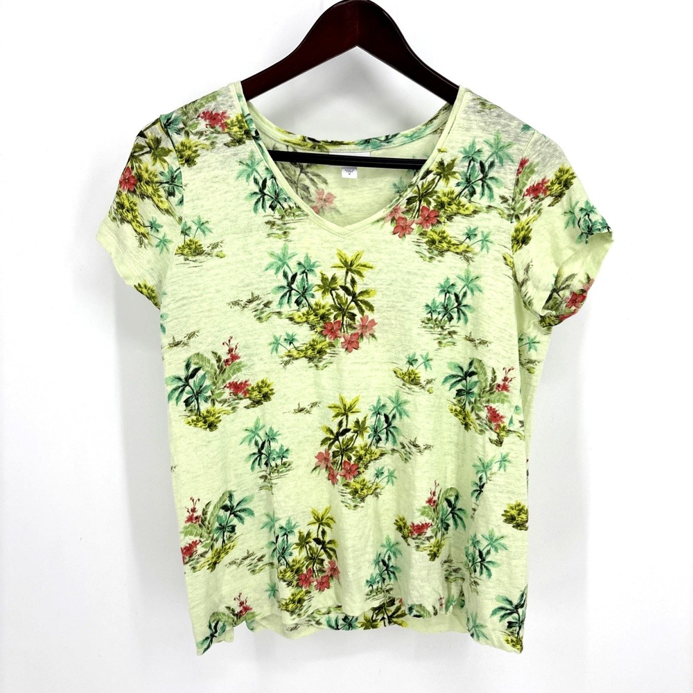 J. Jill Love‎ Linen Top Medium Green All Over Palm Print Short Sleeve Vacation